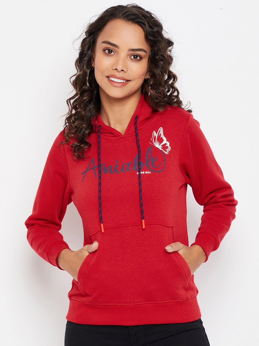 Duke Women Red Printed Alphanumeric Hooded Sweatshirt
