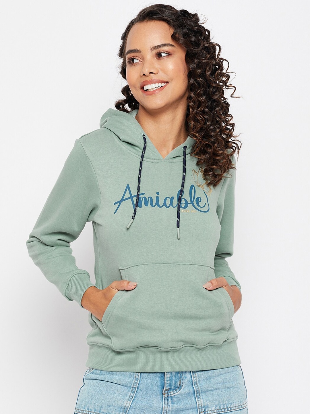 

Duke Women Green Printed Alphanumeric Hooded Fleece Sweatshirt