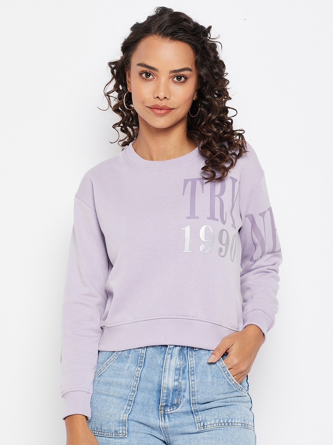 Duke Women Purple Printed Alphanumeric Fleece Sweatshirt