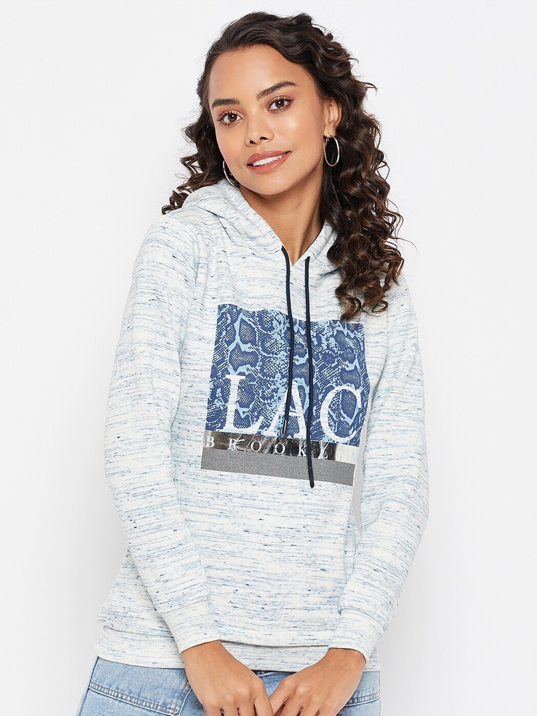 

Duke Women Blue Printed Alphanumeric Hooded Sweatshirt