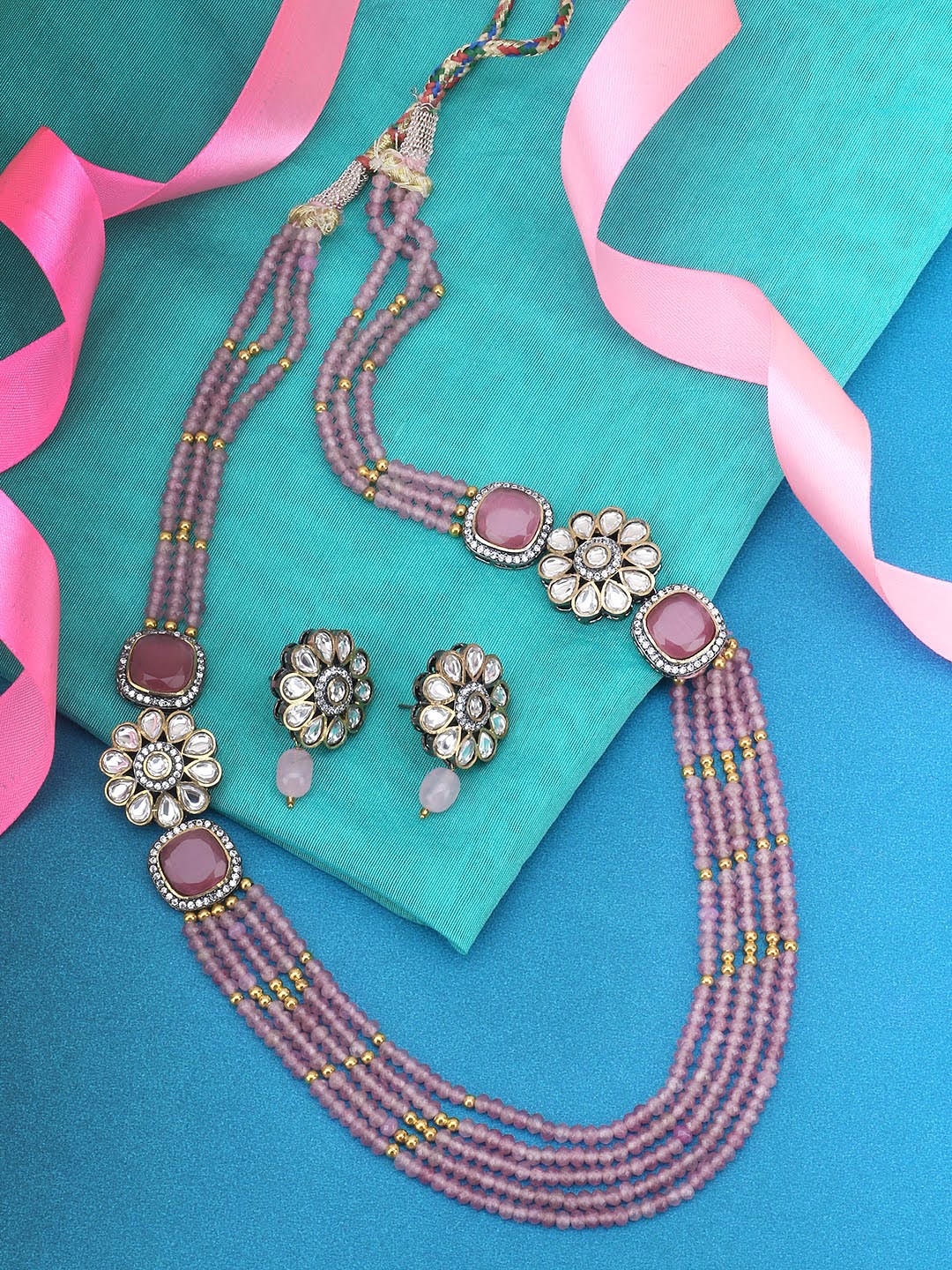 

Adwitiya Collection 24 KT Gold-Plated White & Purple Stone-Studded Jewellery Set