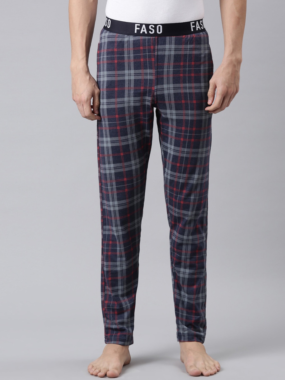

FASO Men Blue & Grey Checked Lounge Pants