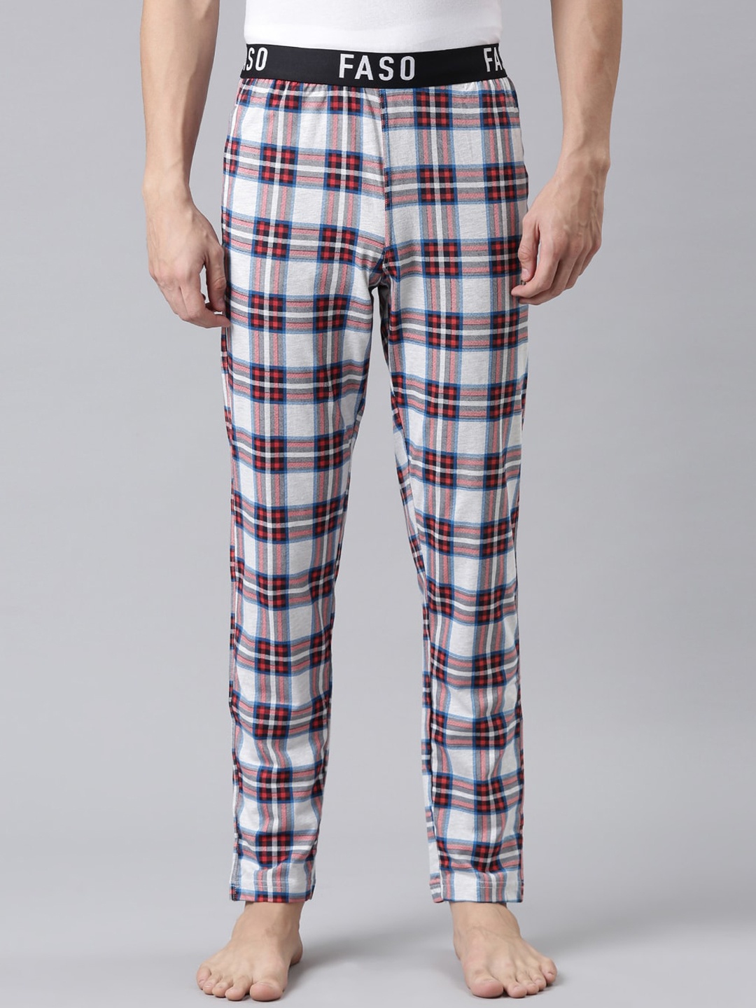 

FASO Men White & Peach-Coloured Checked Cotton Lounge Pants