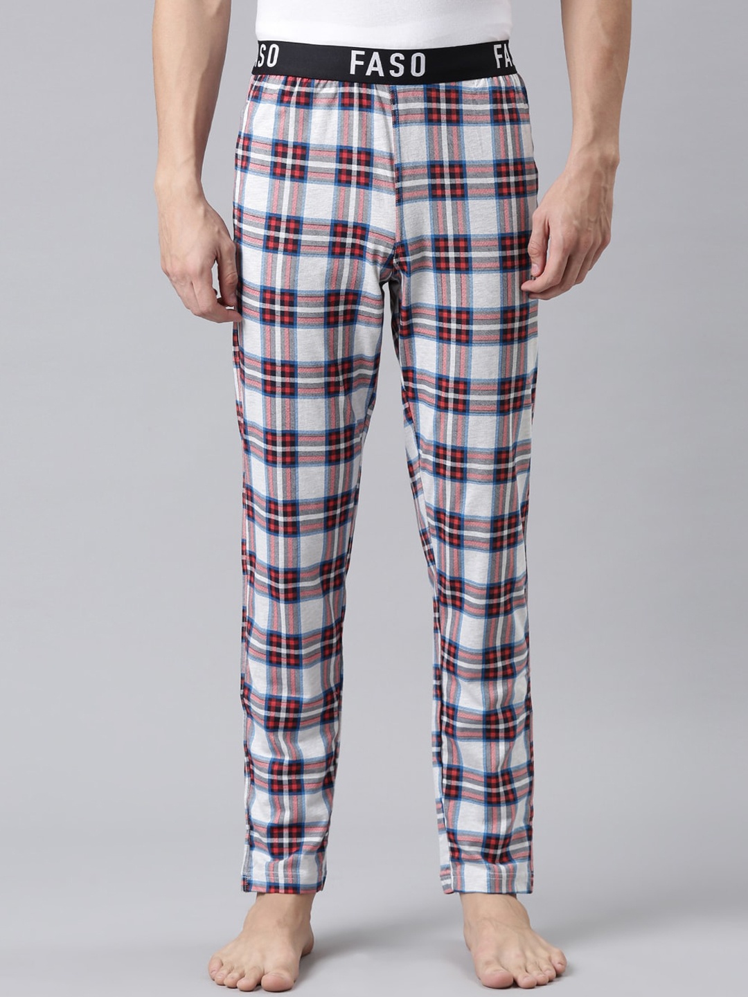 

FASO Men Grey & Peach-Coloured Checked Lounge Pants