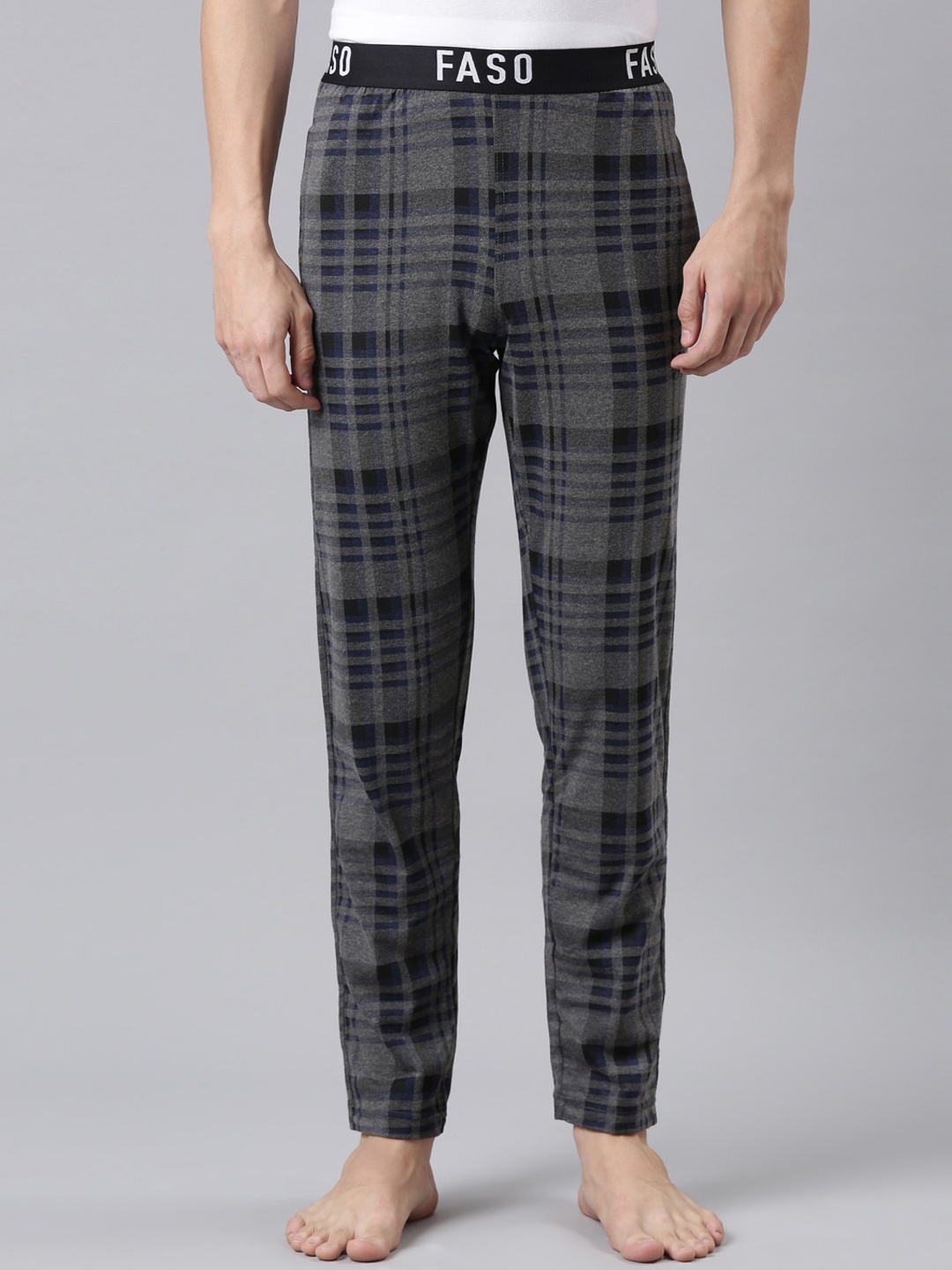 

FASO Men Checked Cotton Lounge Pants, Charcoal