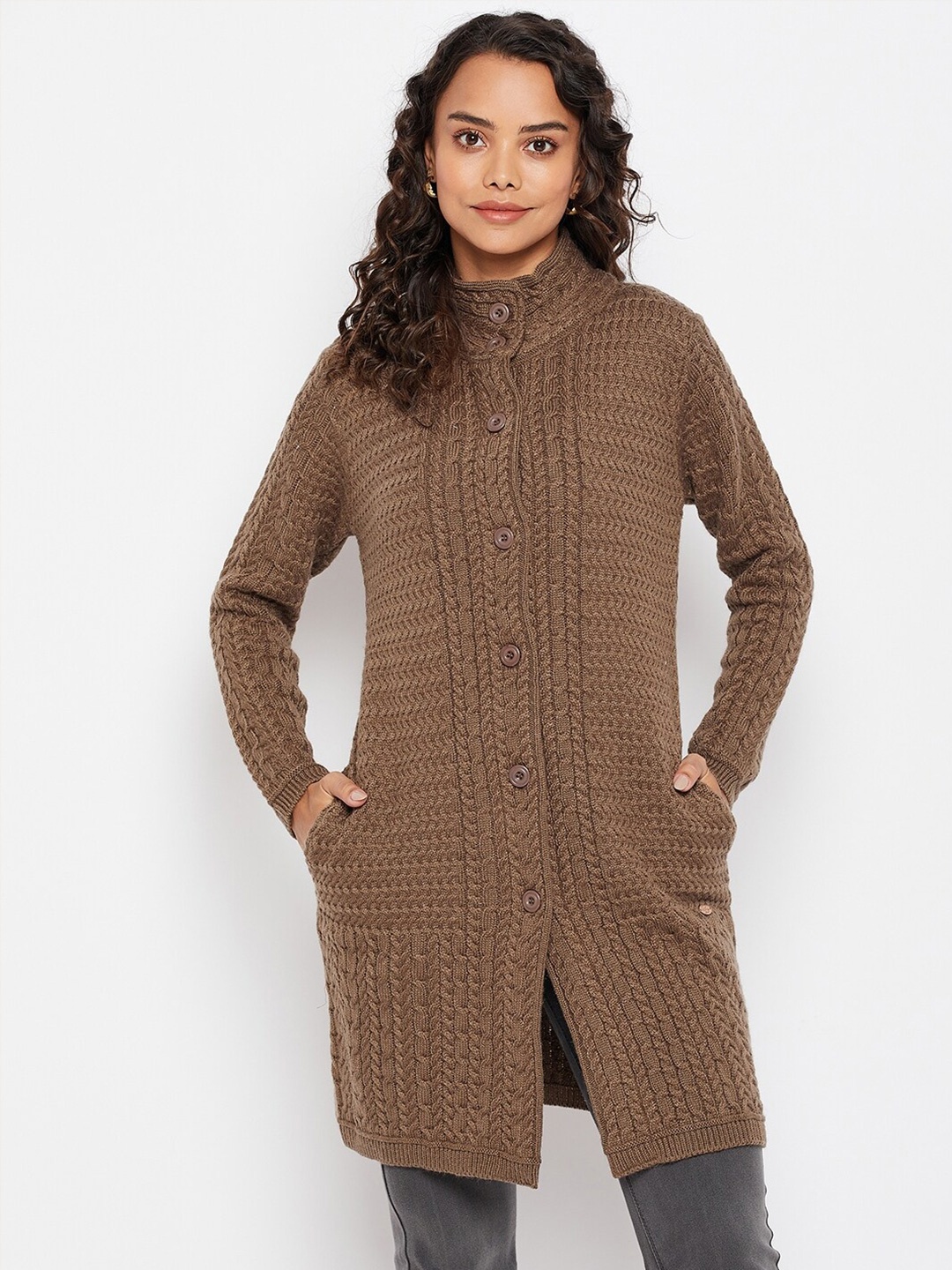 

Duke Women Brown Cable Knit Longline Wool Cardigan