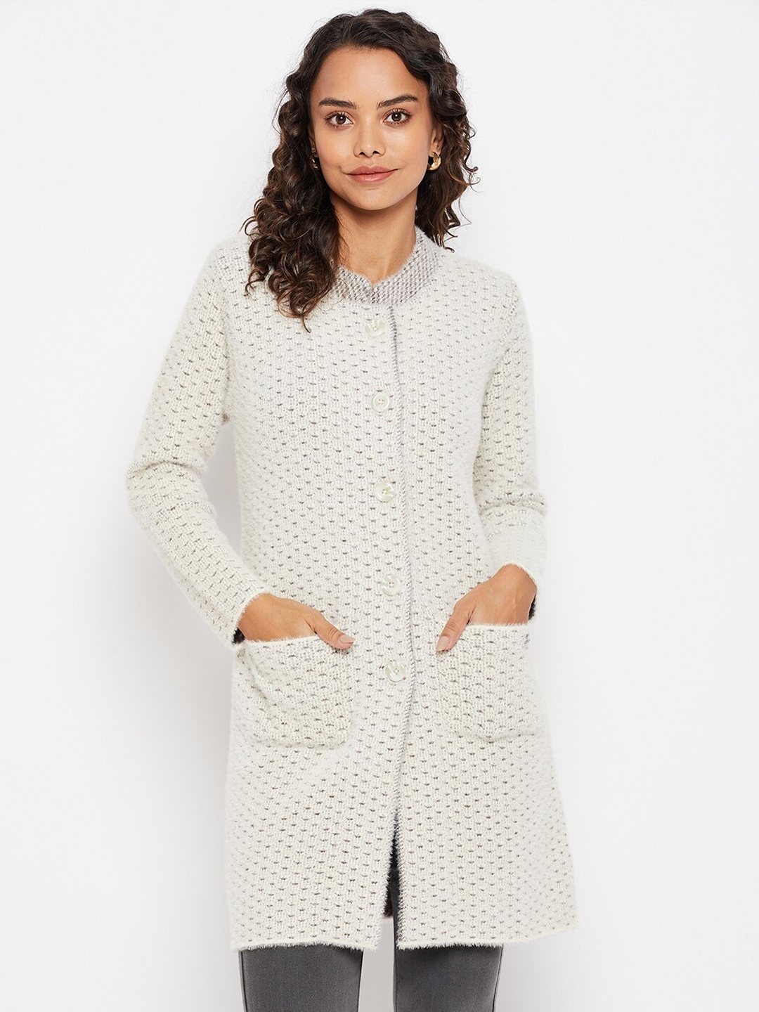 

Duke Women White Cable Knit Longline Wool Cardigan