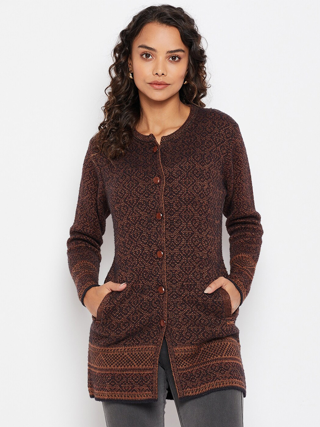

Duke Women Black & Brown Printed Longline Wool Cardigan