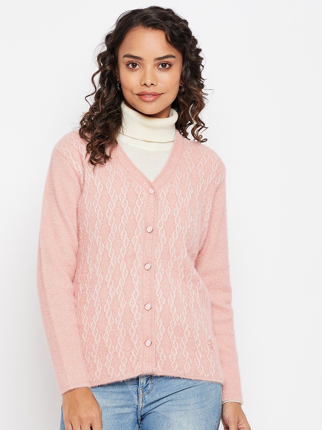 Duke Women Pink Cable Knit Wool Cardigan
