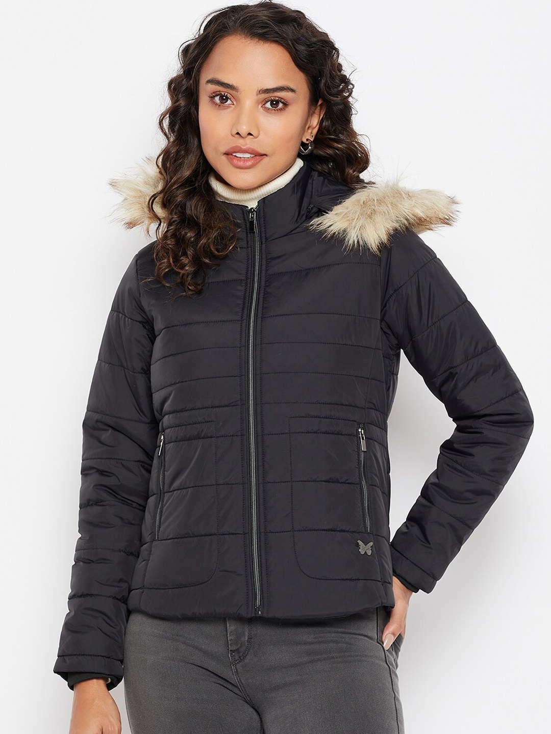 

Duke Women Black Solid Hooded Puffer Jacket