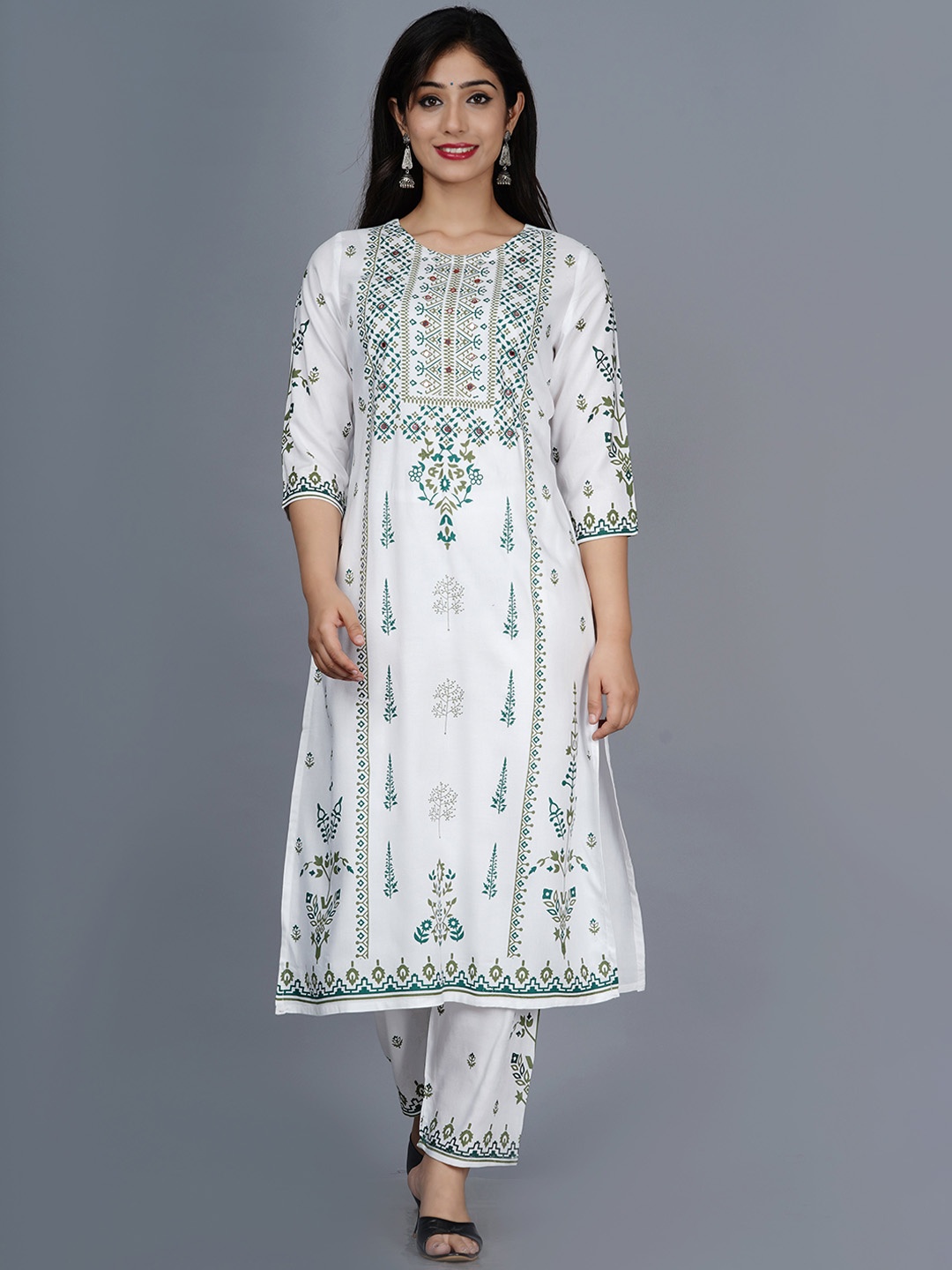 

HERE&NOW Women White Ethnic Motifs Printed Mirror Work Kurta with Trouser
