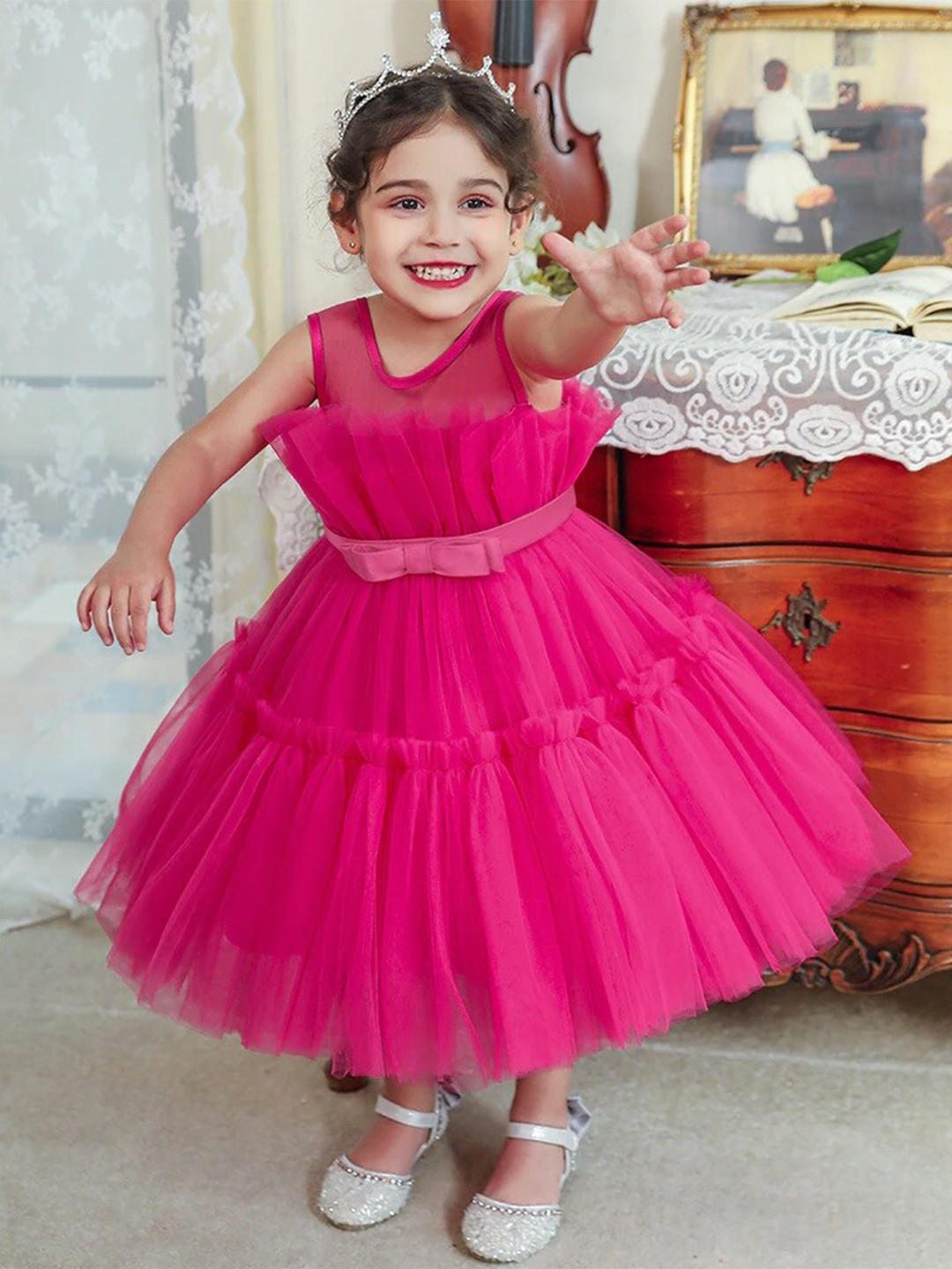

R Cube Girls Pink Net Midi Dress
