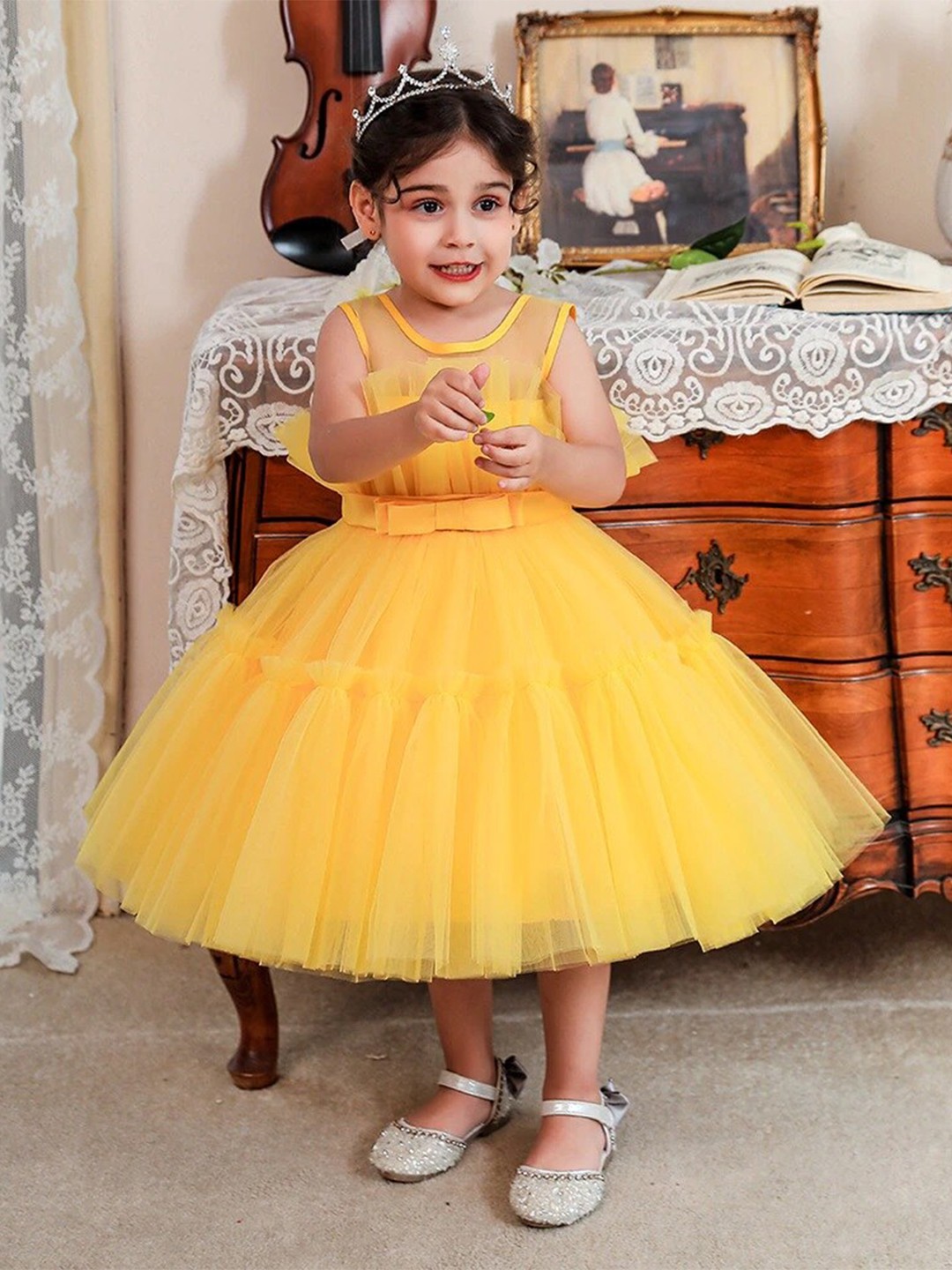 

R Cube Girls Yellow Net Dress