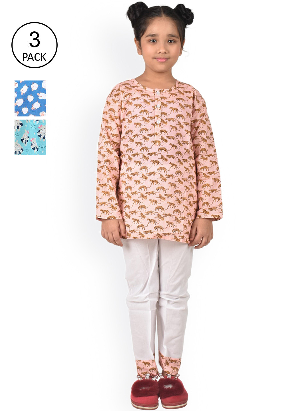 

frangipani Girls Pack Of 3 Blue & Peach-Coloured Printed Pure Cotton Night suit