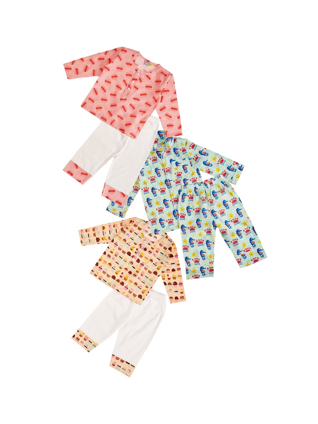 

frangipani Girls Pack of 3 Green & Peach-Coloured Printed Pure Cotton Night suit