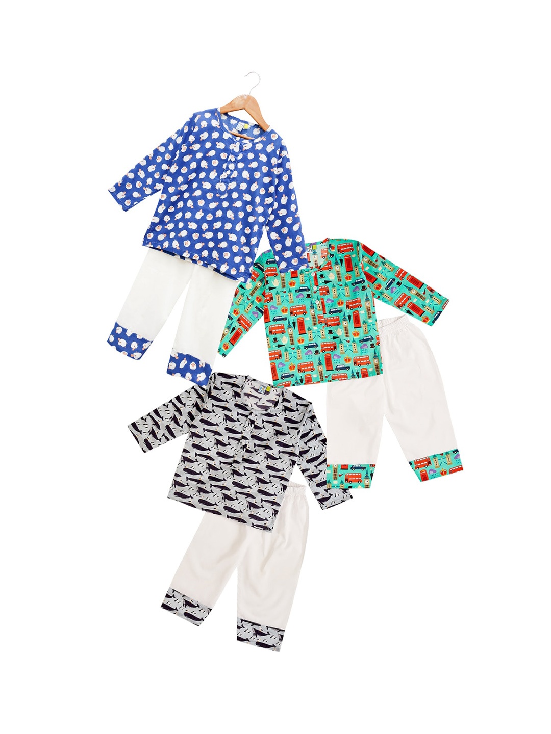 

frangipani Boys Pack Of 3 Blue & White Printed Pure Cotton Night suit