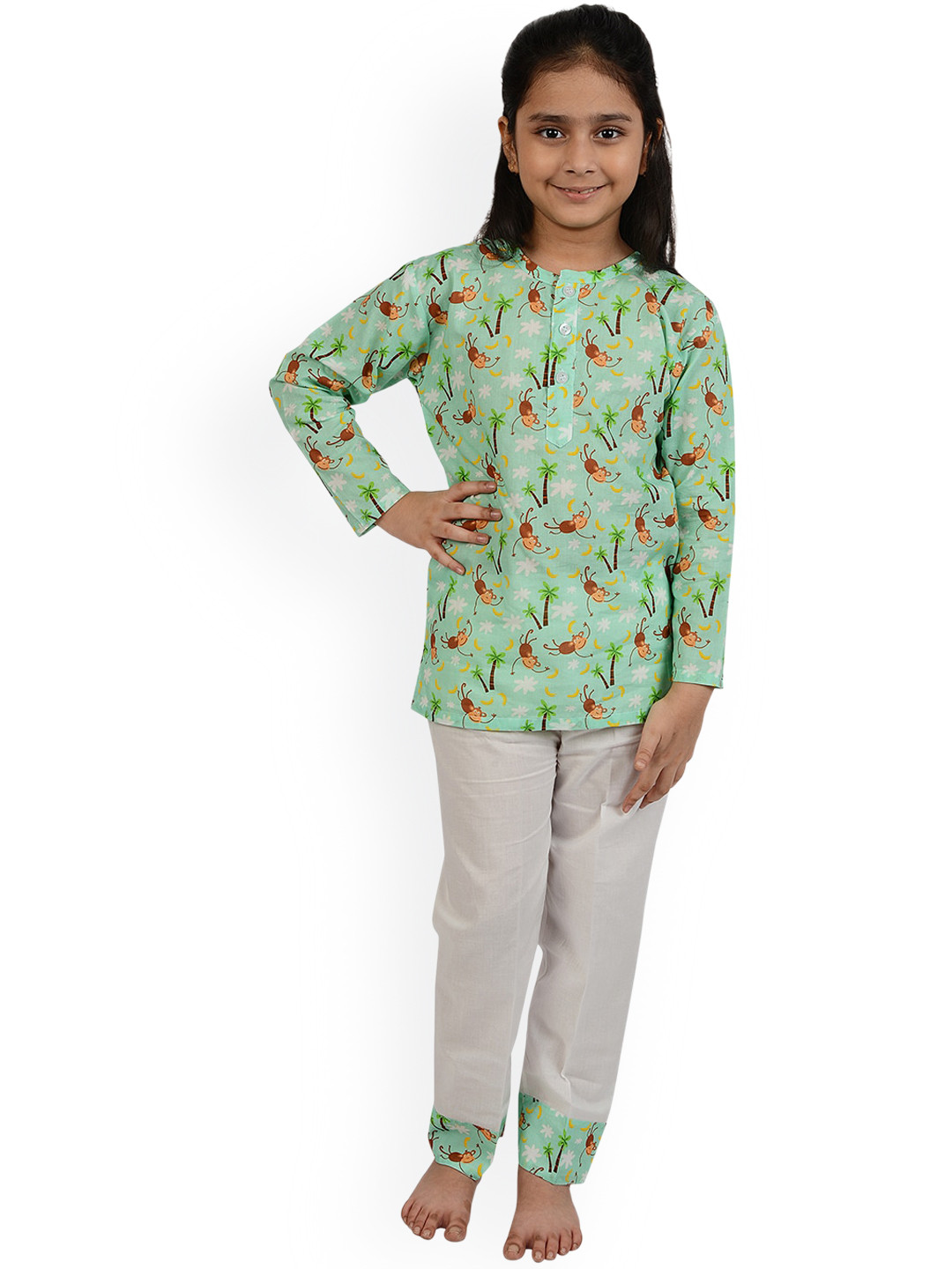 

frangipani Boys Pack Of 2 Green & White Printed Pure Cotton Night suit