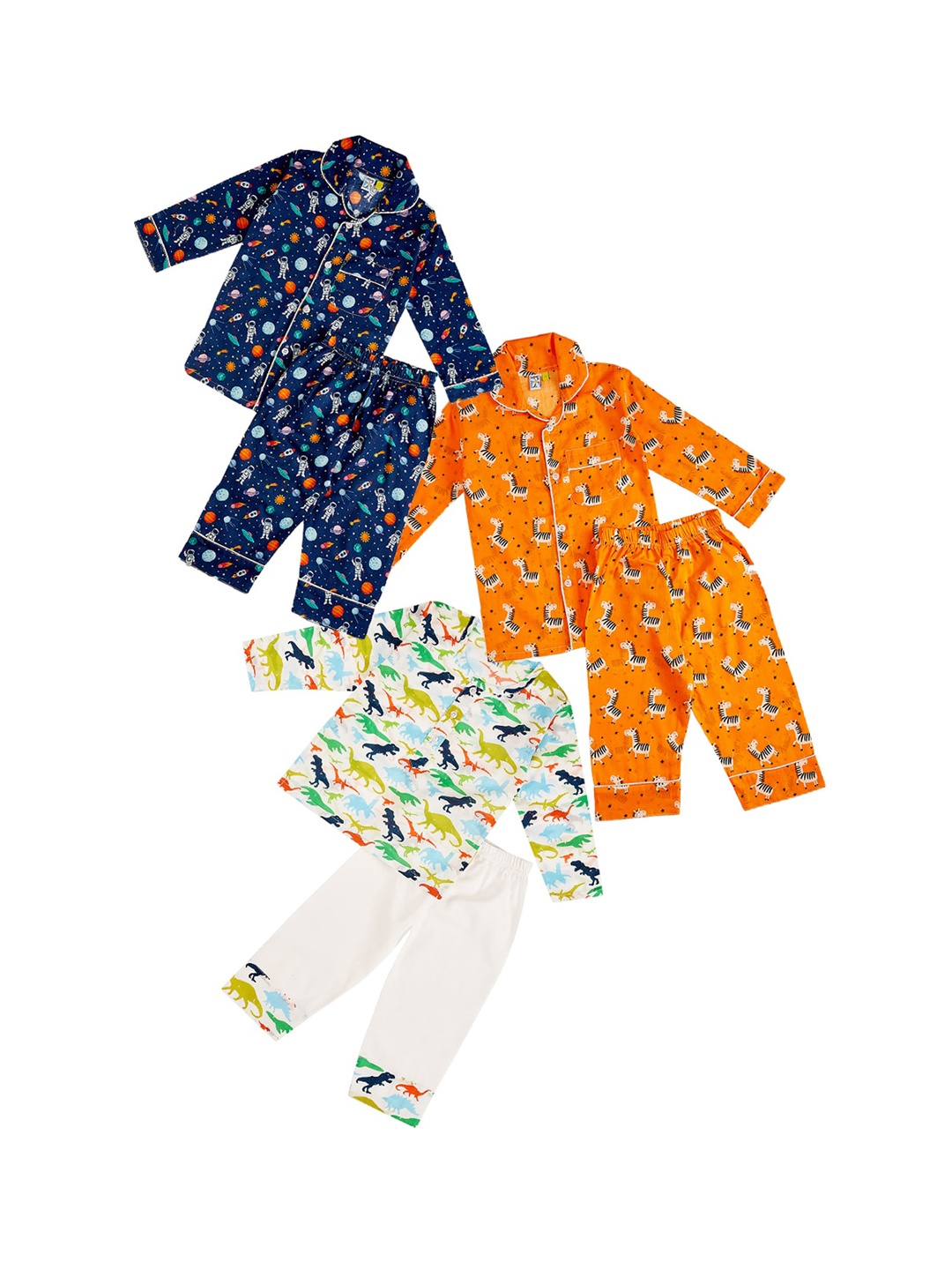 

frangipani Boys Pack Of 3 Blue & Orange Conversational Printed Pure Cotton Night suit