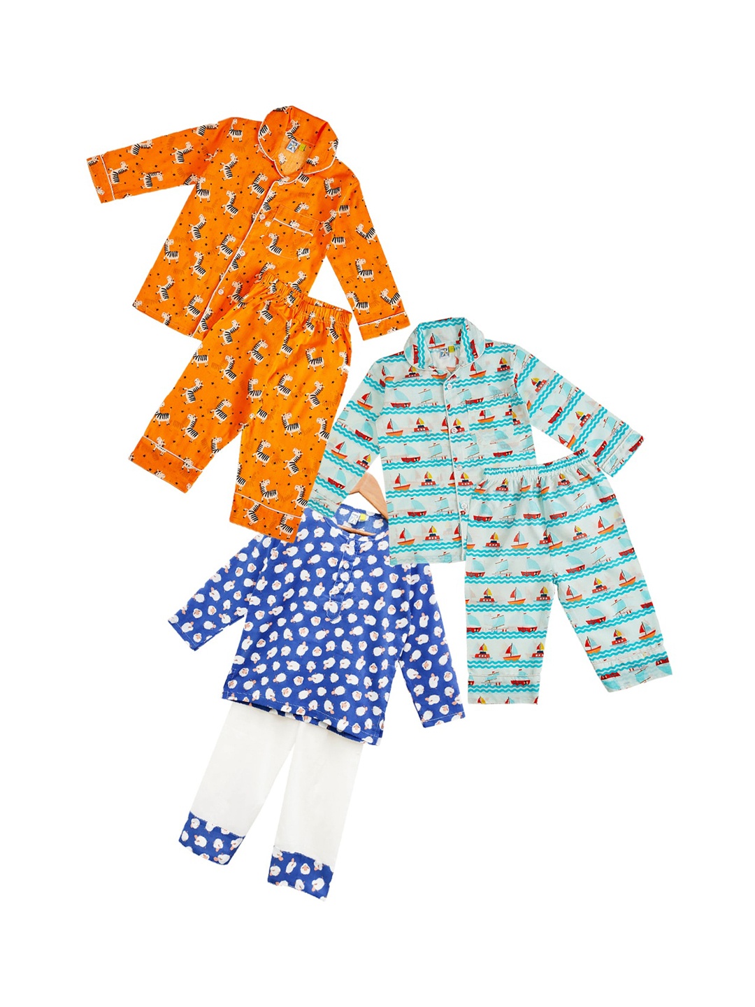 

frangipani Boys Blue & Green Pack Of 3 Conversational Printed Pure Cotton Night suit