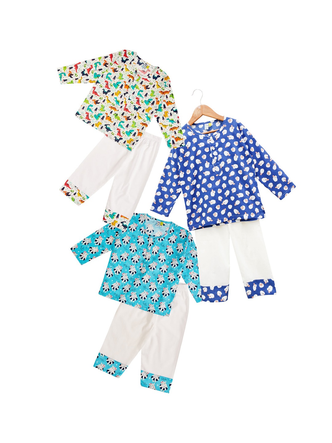 

frangipani Boys Pack Of 3 White & Blue Conversational Printed Pure Cotton Night suit
