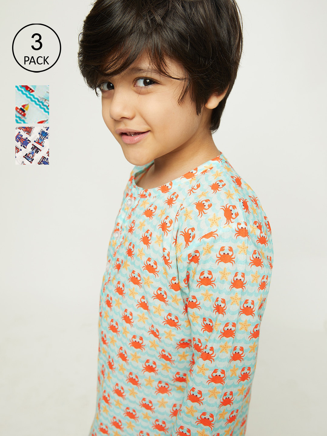 

frangipani Boys Pack Of 3 Blue & Red Printed Pure Cotton Night suit