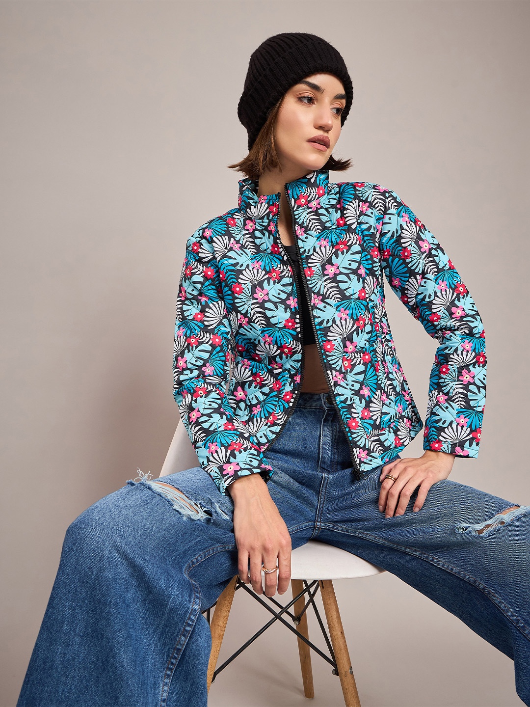 

SASSAFRAS Women Black & Blue Floral Printed Quilted Jacket