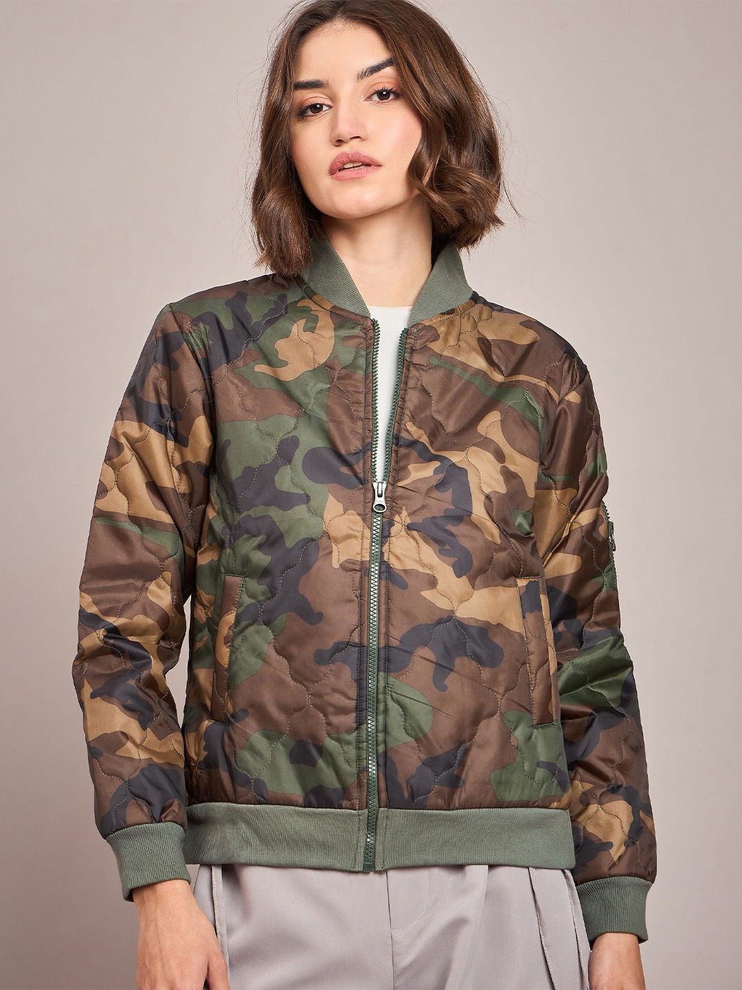 

SASSAFRAS Women Olive Green & Brown Camouflage Printed Bomber Jacket
