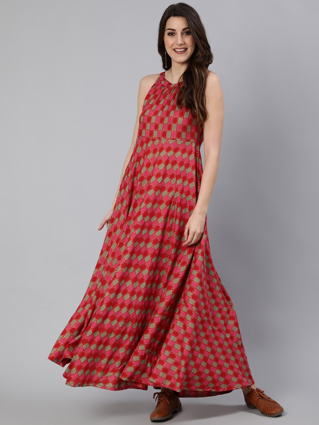 

antaran Women Red Geometrical A-Line Maxi Dress