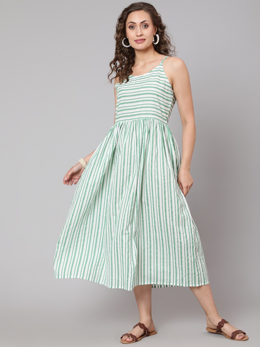

antaran Women White & Green Striped Pure Cotton Midi Dress