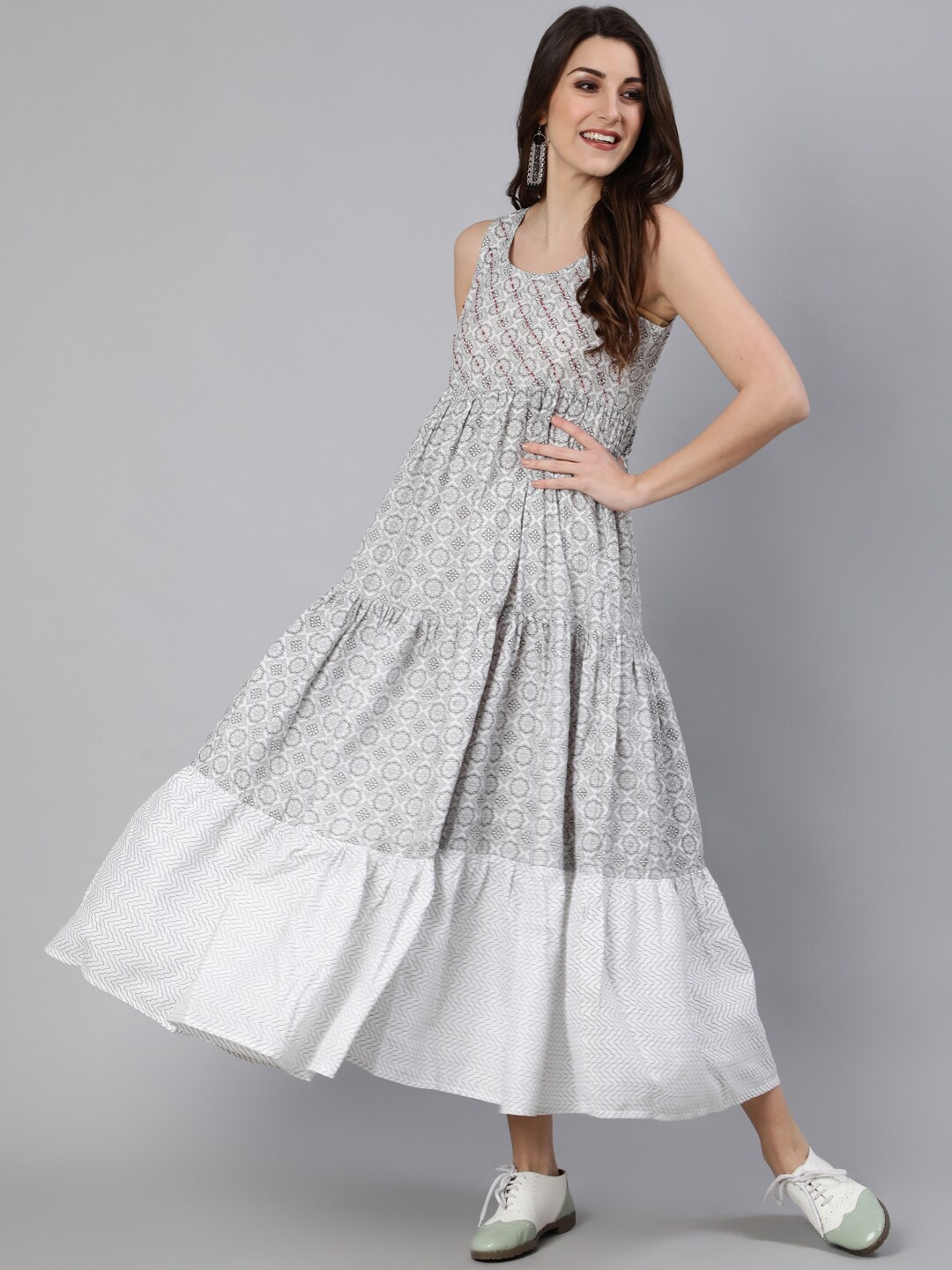 antaran Women White & Grey Ethnic Motifs Tiered Maxi Dress
