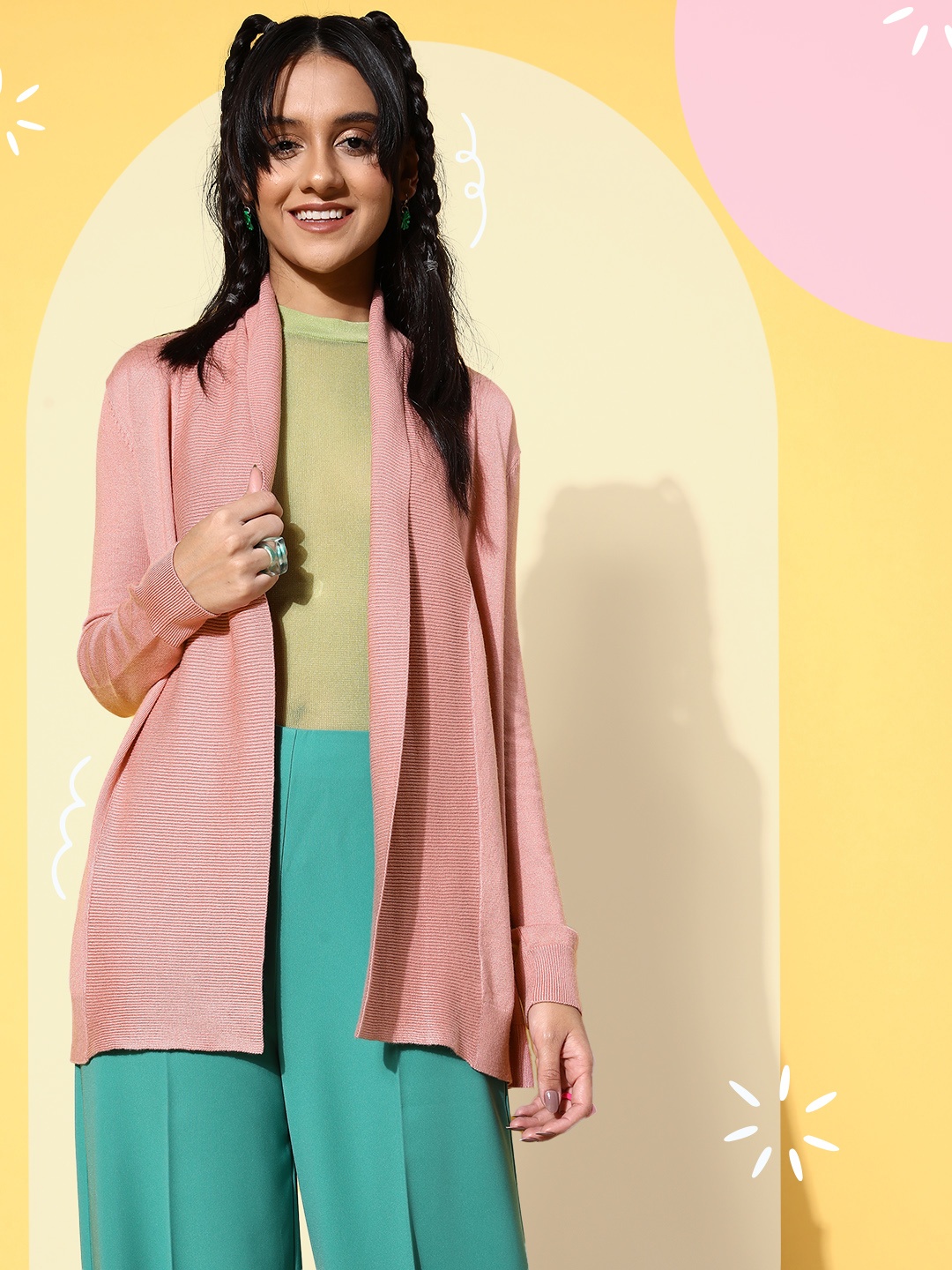 

SASSAFRAS Women Pink Ribbed Shawl Collar Front Open Sweater
