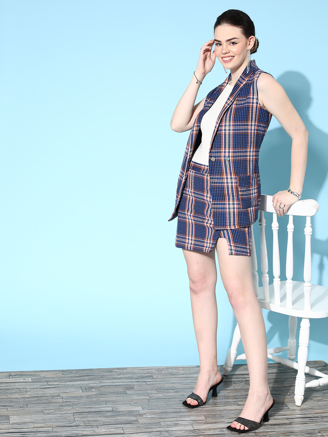 

SASSAFRAS Women Blue & Orange Flannel Check Mini Skirt