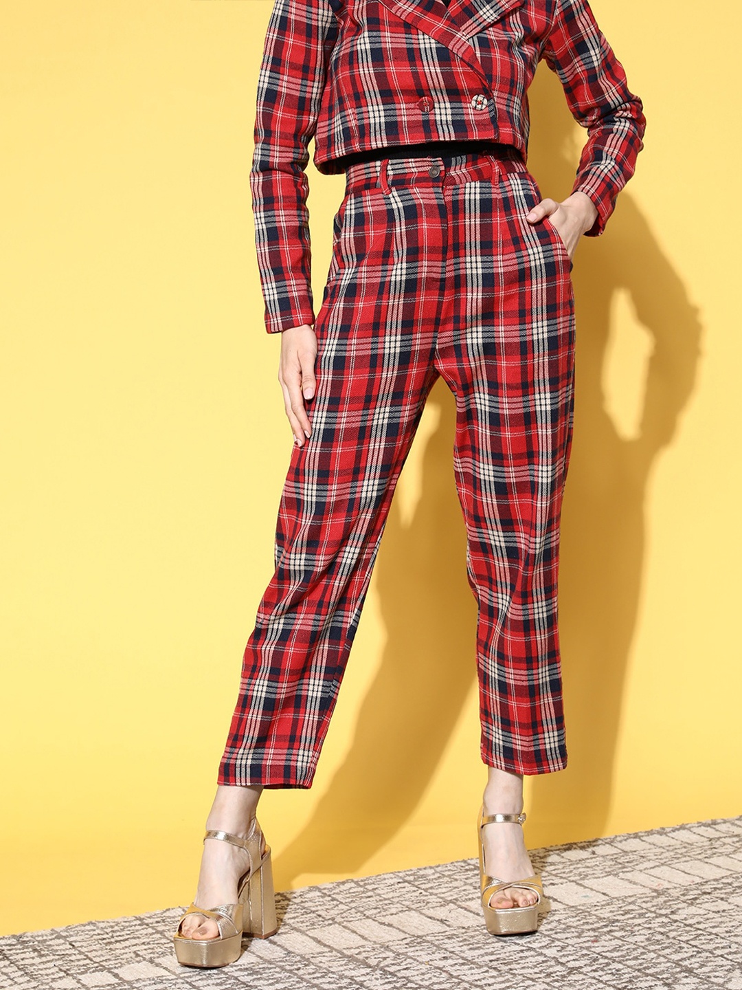 

SASSAFRAS Women Red & Navy Blue Checked Trousers