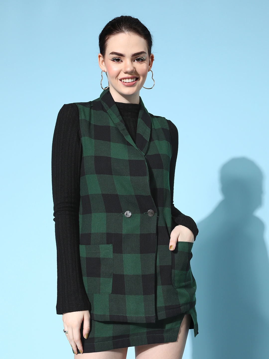 

SASSAFRAS Women Flannel Checked Blazer, Green