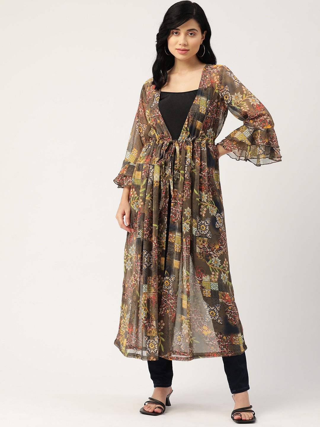 

WISSTLER Women Multicoloured Printed Bell Sleeves Tie-Up Shrug, Multi