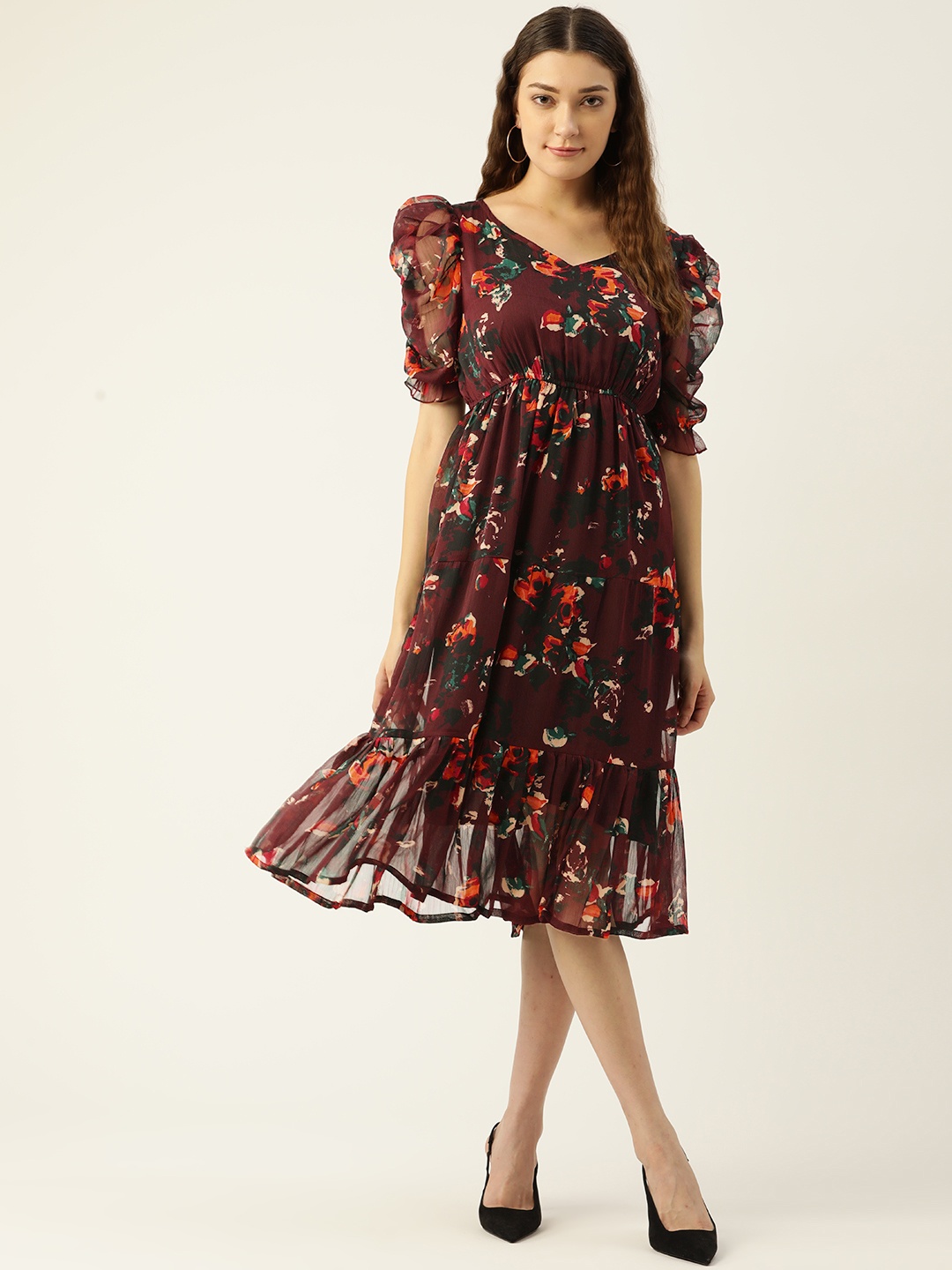 

WISSTLER Maroon & Orange Floral Chiffon Midi Dress