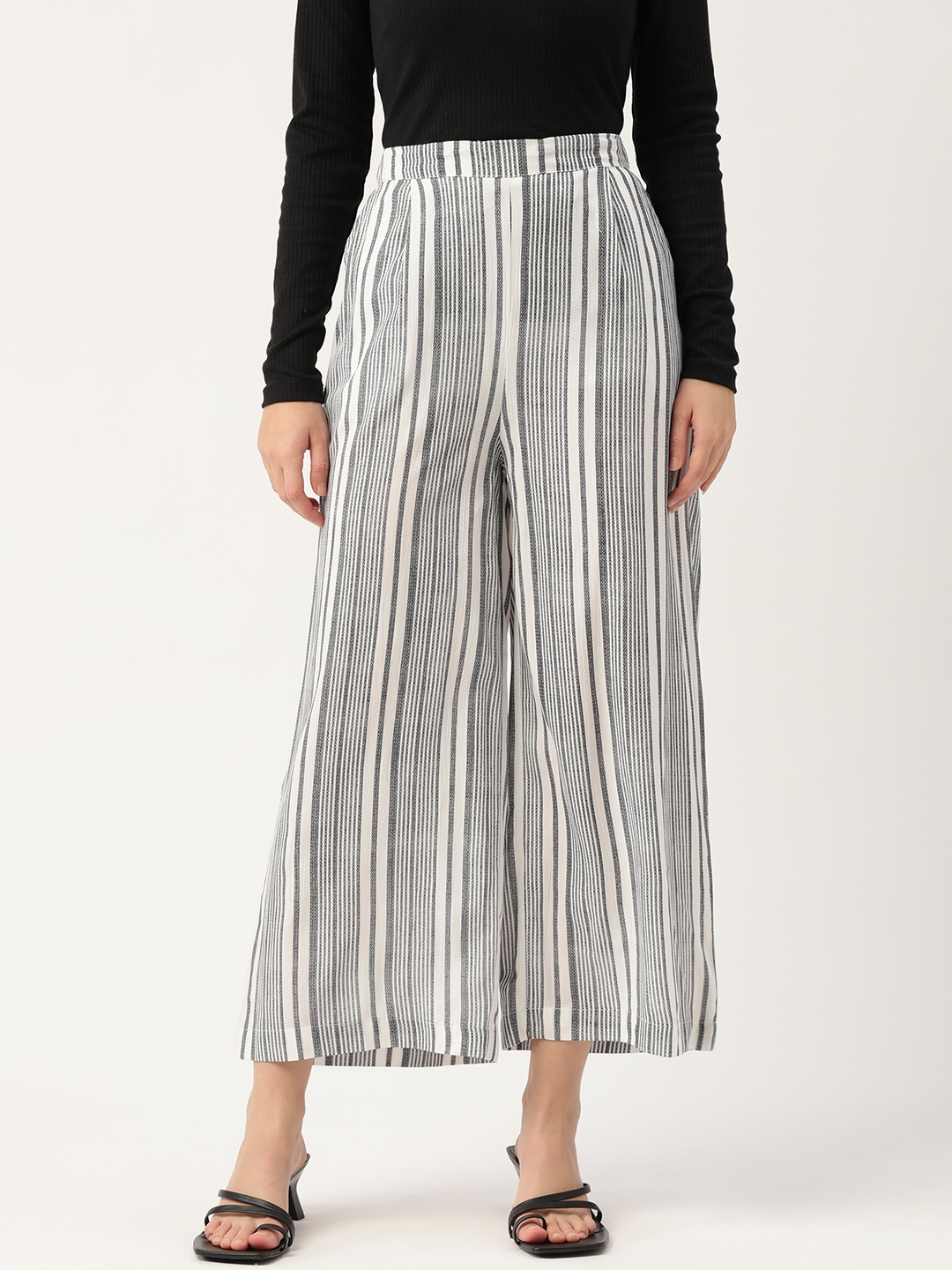 

WISSTLER Women White & Grey Striped Flared Cropped Palazzos