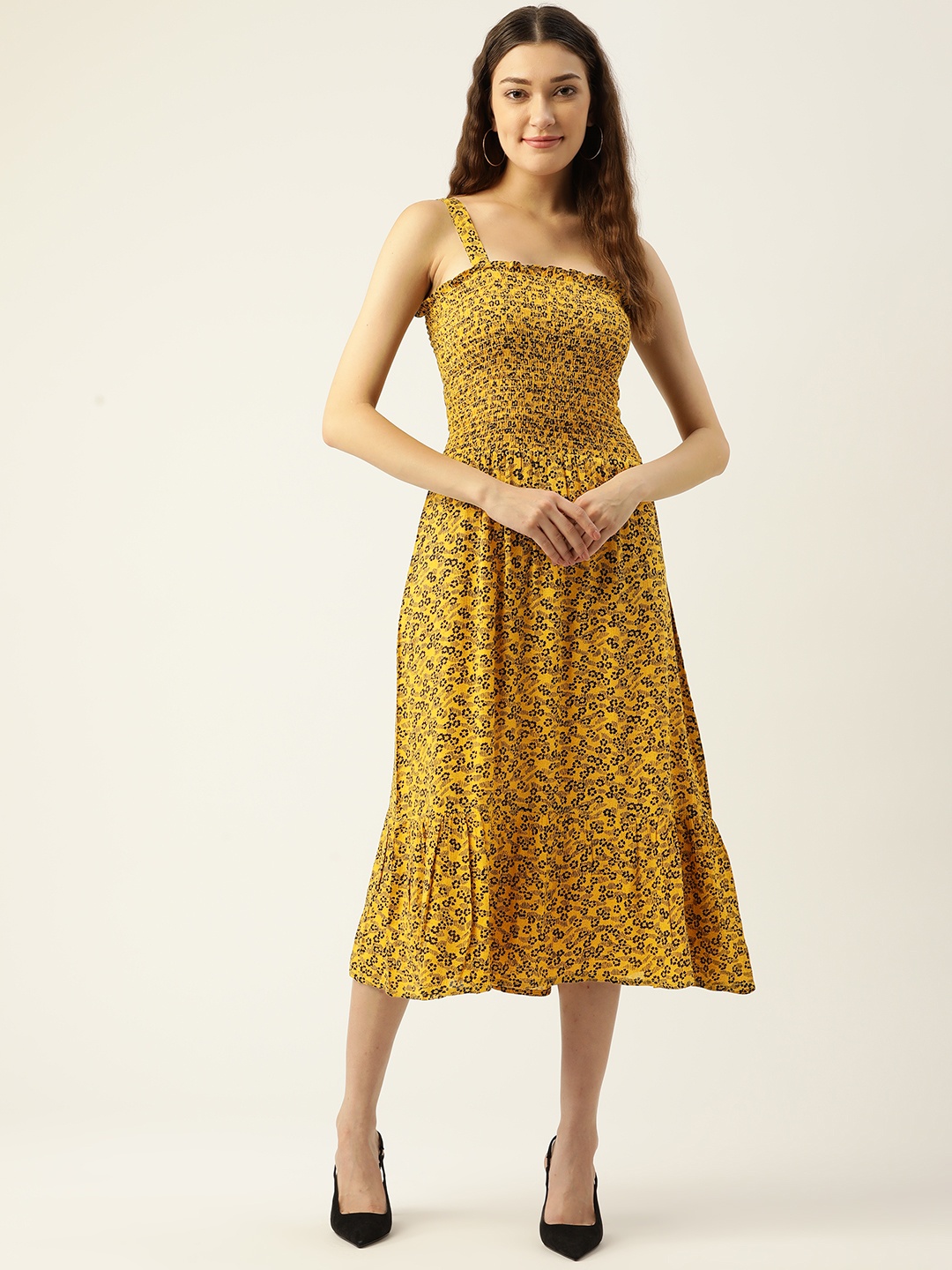 

WISSTLER Yellow Floral A-Line Midi Dress