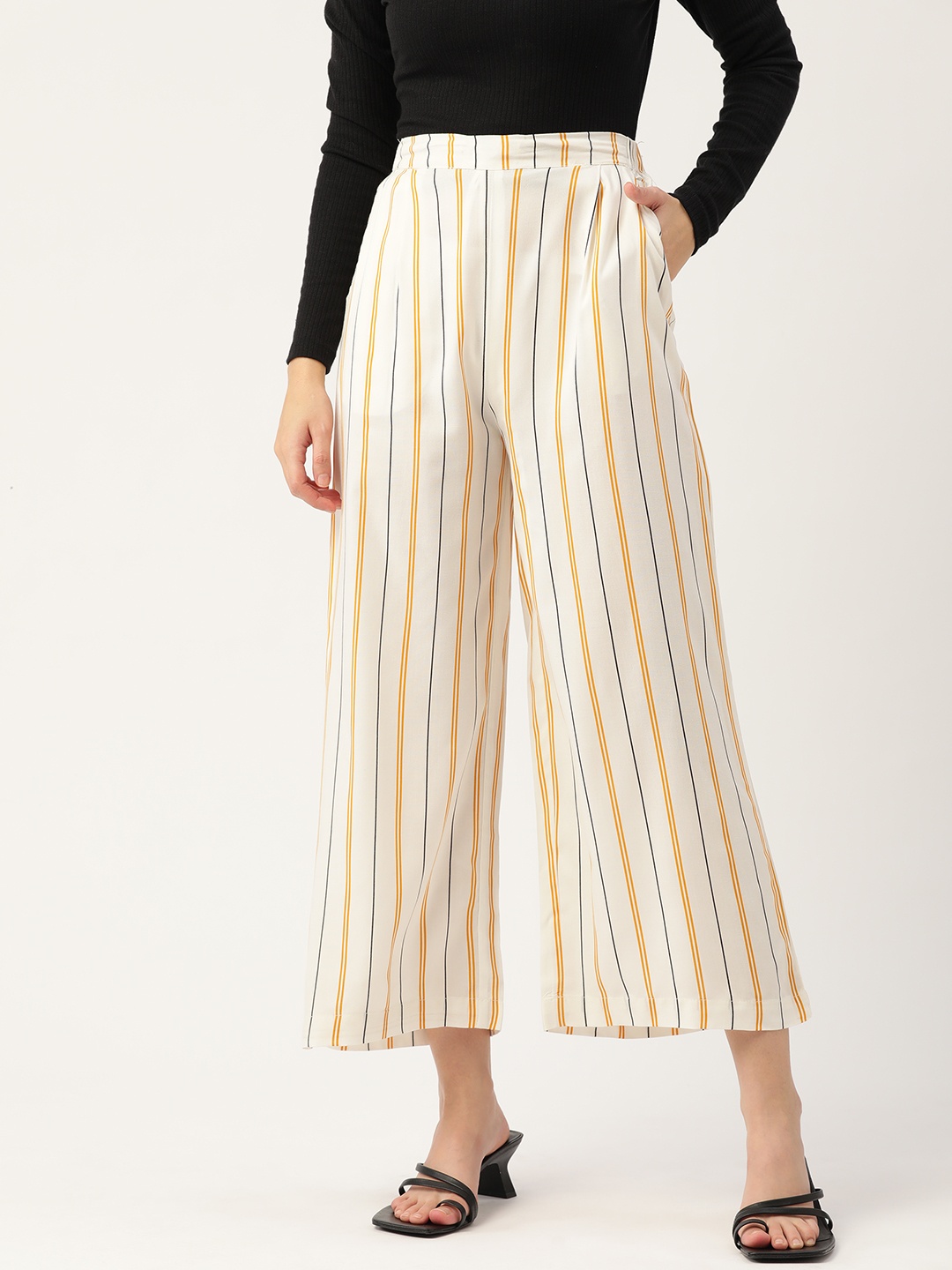 

WISSTLER Women White & Yellow Striped Flared Cropped Palazzos