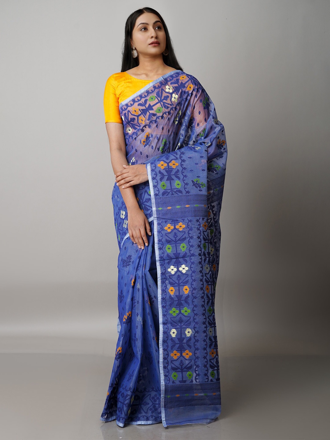 

Unnati Silks Blue & Green Ethnic Motifs Pure Cotton Handloom Jamdani Saree