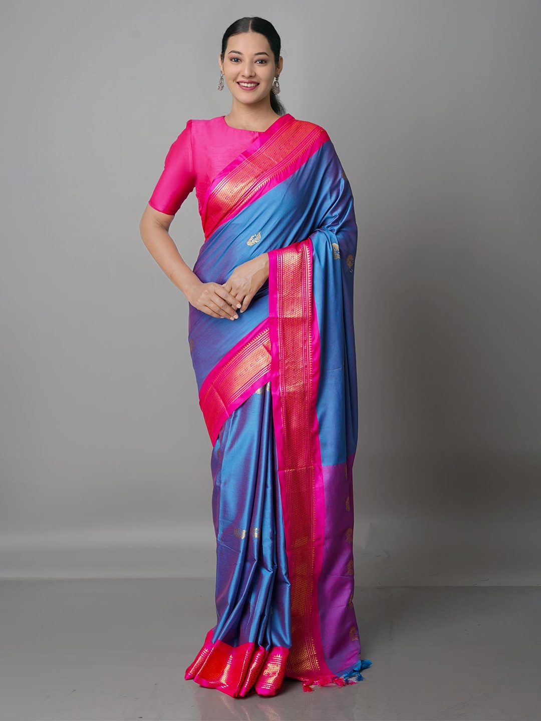 

Unnati Silks Blue & Pink Ethnic Motifs Zari Silk Blend Kanjeevaram Saree
