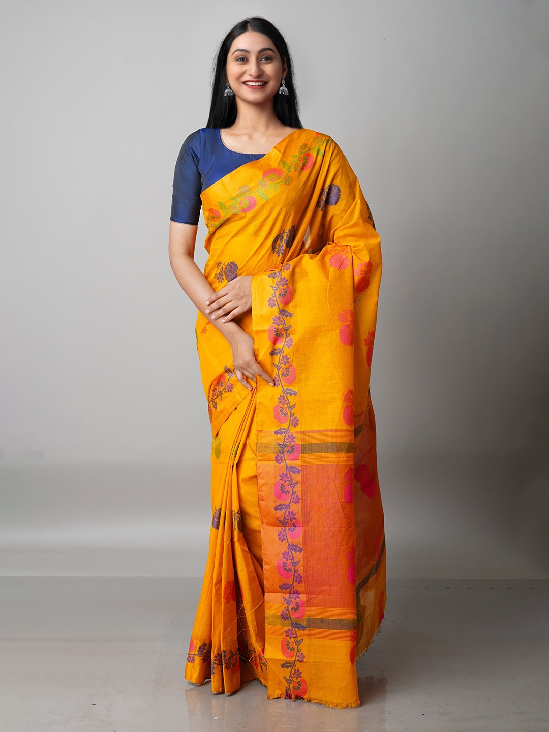 

Unnati Silks Orange & Purple Woven Design Pure Cotton Handloom Jamdani Saree