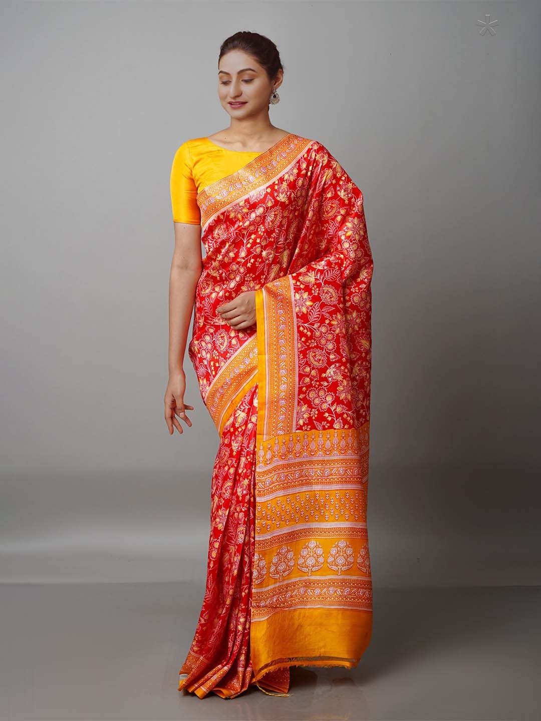 

Unnati Silks Red & Yellow Ethnic Motifs Pure Mysore Silk Handloom Saree