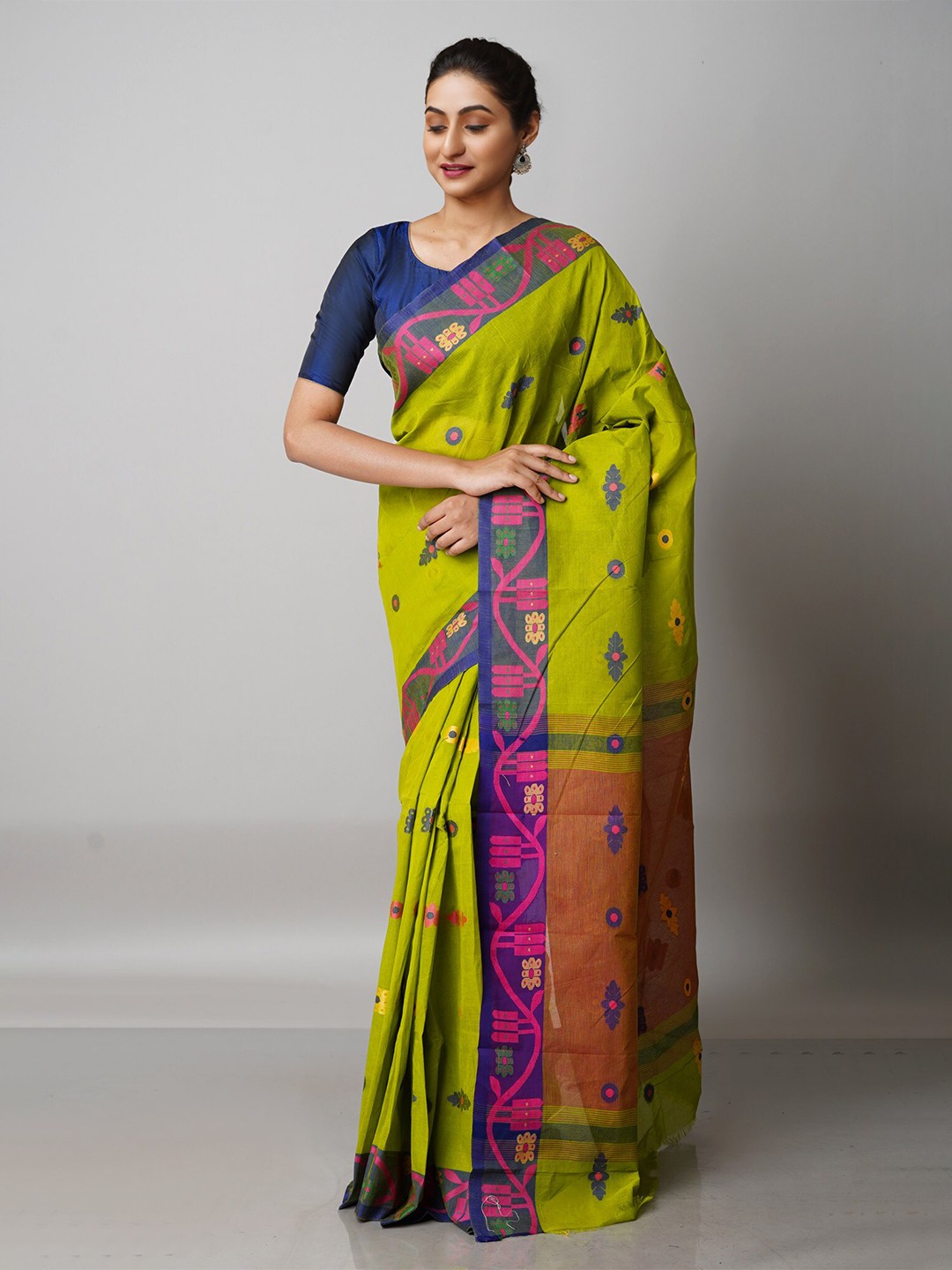 

Unnati Silks Green & Purple Ethnic Motifs Pure Cotton Handloom Jamdani Saree