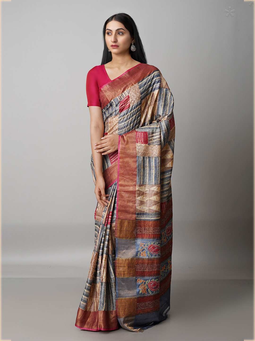 

Unnati Silks Grey & Brown Paisley Kantha Work Pure Silk Handloom Tussar Saree