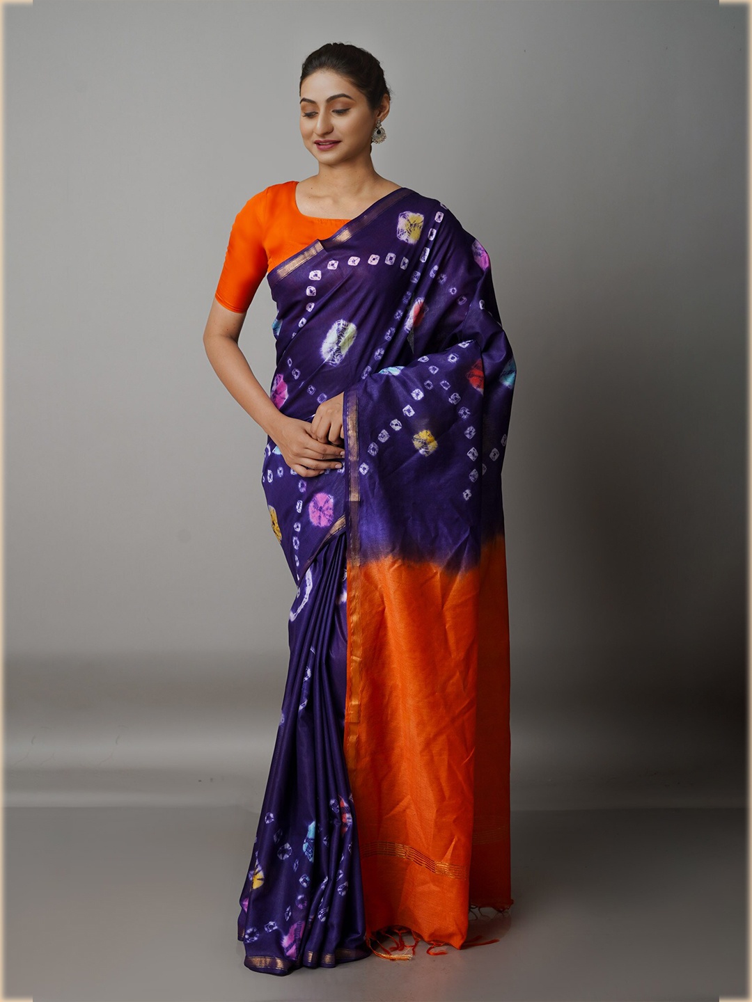 

Unnati Silks Navy Blue & Orange Bandhani Zari Silk Cotton Chanderi Saree