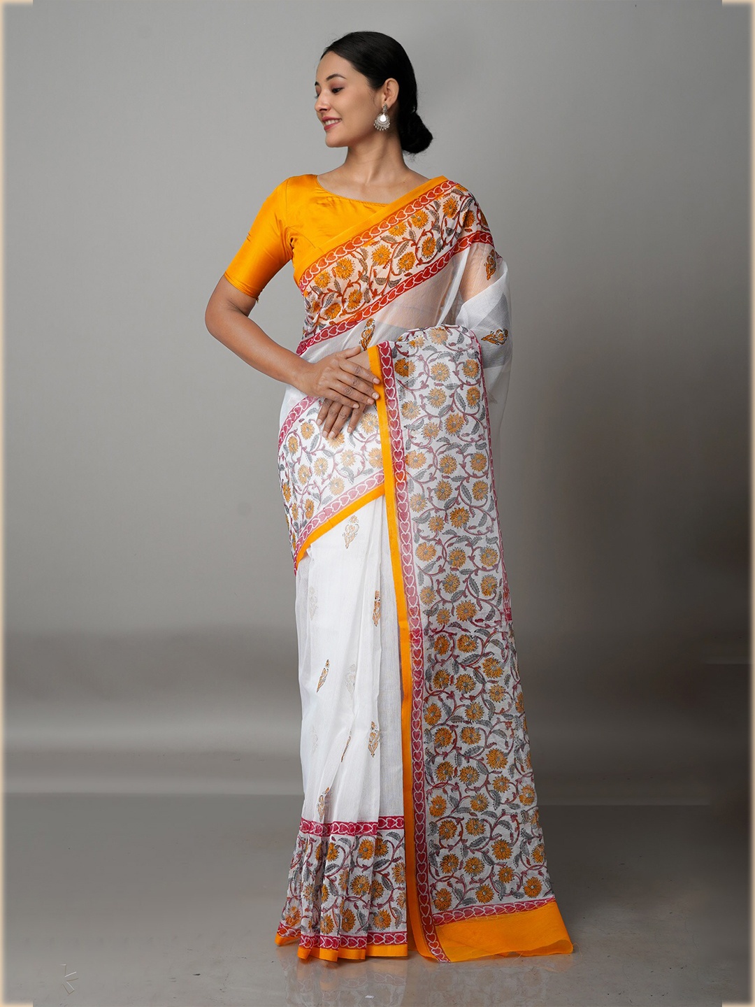 

Unnati Silks White & Yellow Ethnic Motifs Banarasi Saree
