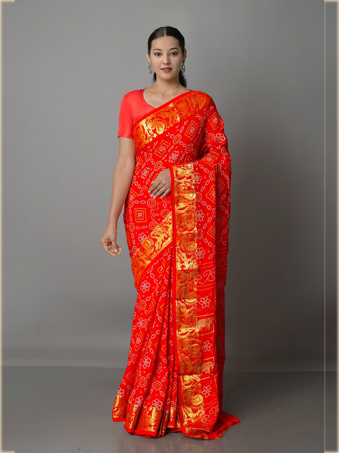 

Unnati Silks Red & Gold-Toned Bandhani Zari Silk Blend Bandhani Saree