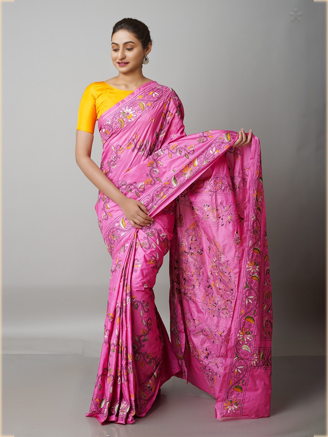 

Unnati Silks Pink & Black Floral Embroidered Pure Silk Murshidabad silk Saree