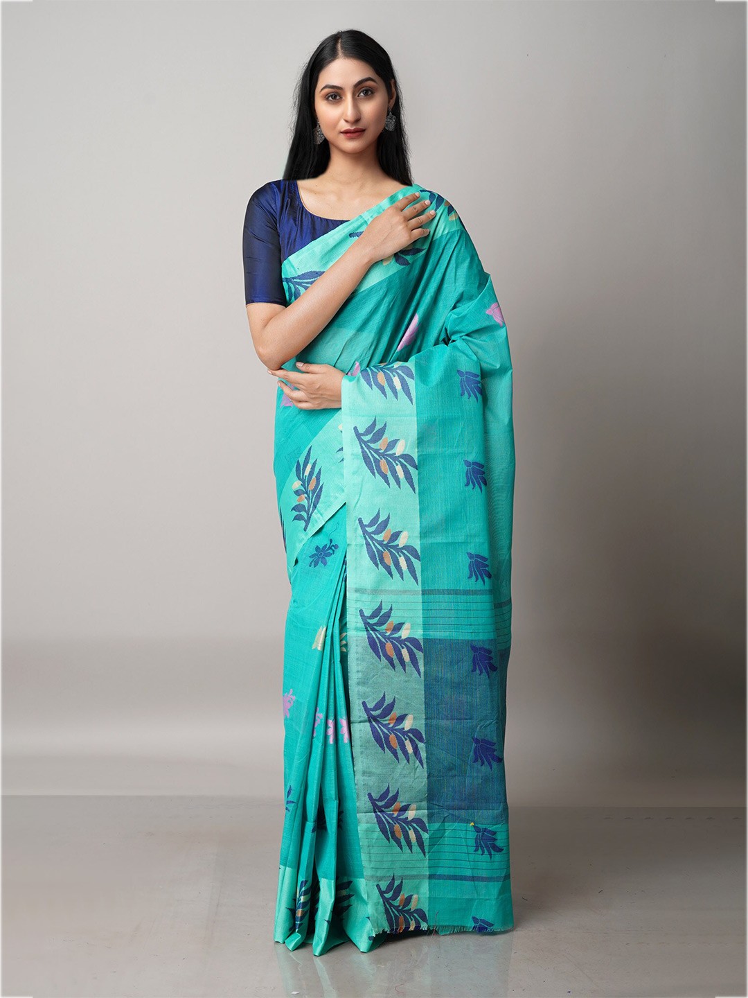

Unnati Silks Green & Brown Floral Pure Cotton Handloom Jamdani Saree